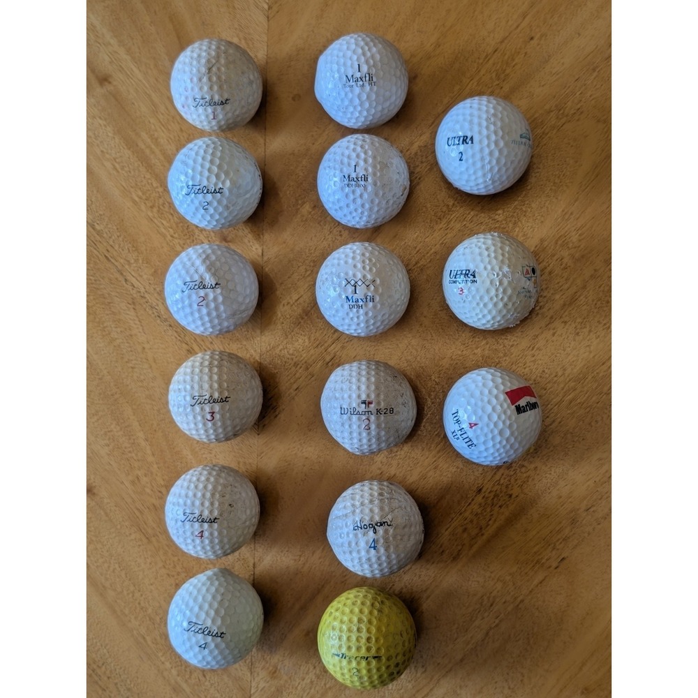 Lot Of 15 Vintage Golf Balls Damaged Maxfli, Hogan, Tracer, Top Elite Marlboro